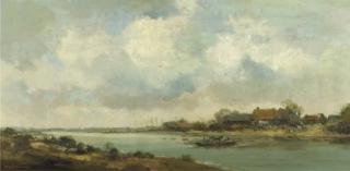 Willem George Frederik Jansen - A ferry across a river, Arcen (?)