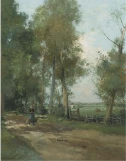 Willem George Frederik Jansen - A peasant woman on a wooded path by a meadow