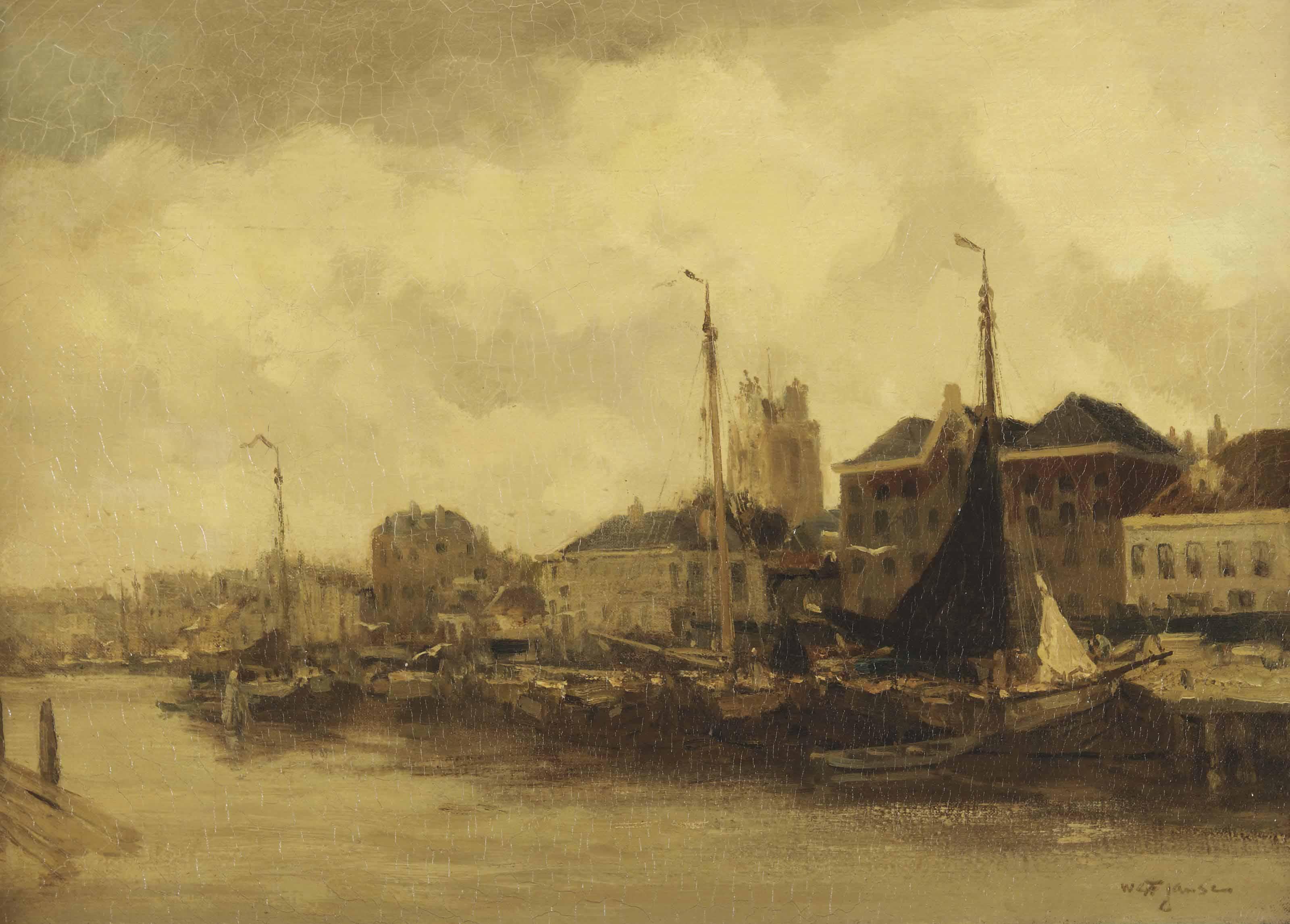Willem George Frederik Jansen - The Harbour Of Dordrecht, With The Grote Kerk Beyond