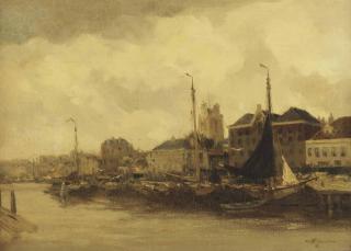 Willem George Frederik Jansen - The Harbour Of Dordrecht, With The Grote Kerk Beyond