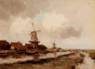 Willem George Frederik Jansen - Windmills near a canal