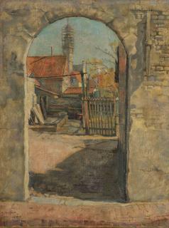 Willem Gerard Hofker - A view of a courtyard in Veere with the Town Hall beyond