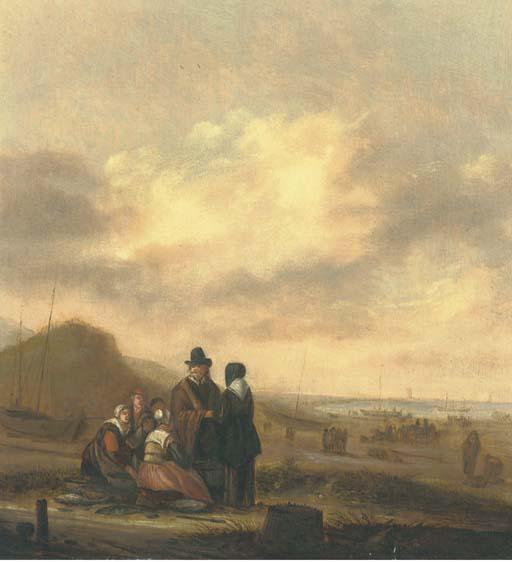 Willem Gillesz. Kool - Fisherfolk On The Beach With Sailing Vessels Beyond