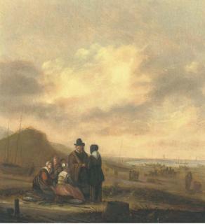 Willem Gillesz. Kool - Fisherfolk On The Beach With Sailing Vessels Beyond