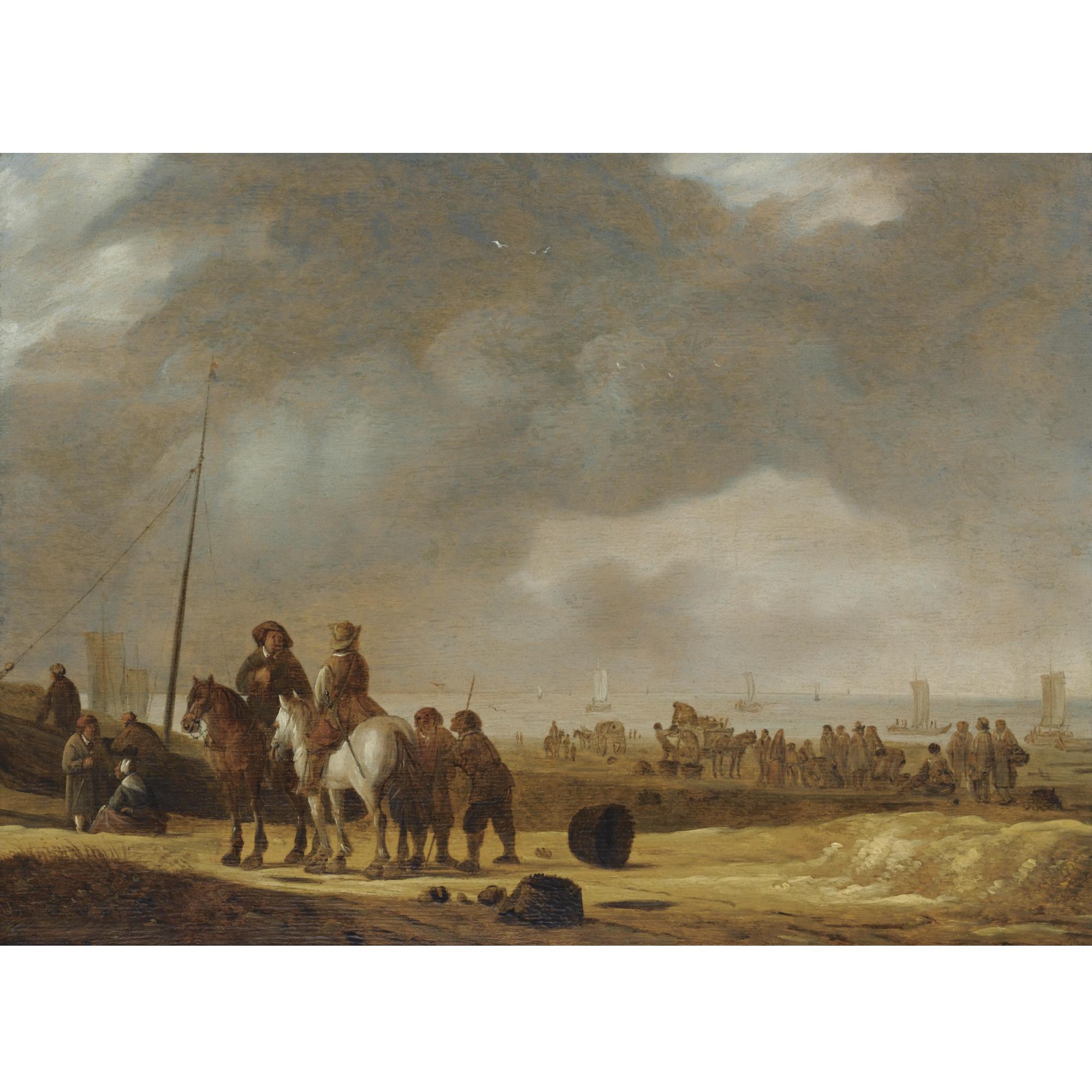 Willem Gillisz. Kool - Beach Scene With Two Horsemen Conversing, Fisherfolk Unloading Carts, Sailing Vessels Beyond