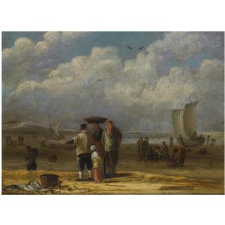 Willem Gillisz. Kool - Fishermen And Women Conversing On The Beach, Other Fishermen Unloading Their Catch In The Background