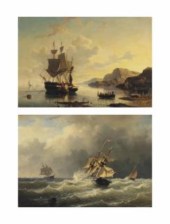 Willem Gruyter Jun. - A Dutch Three-Master At Anchor In A Bay; And A Dutch Two-Master Braving The Waves