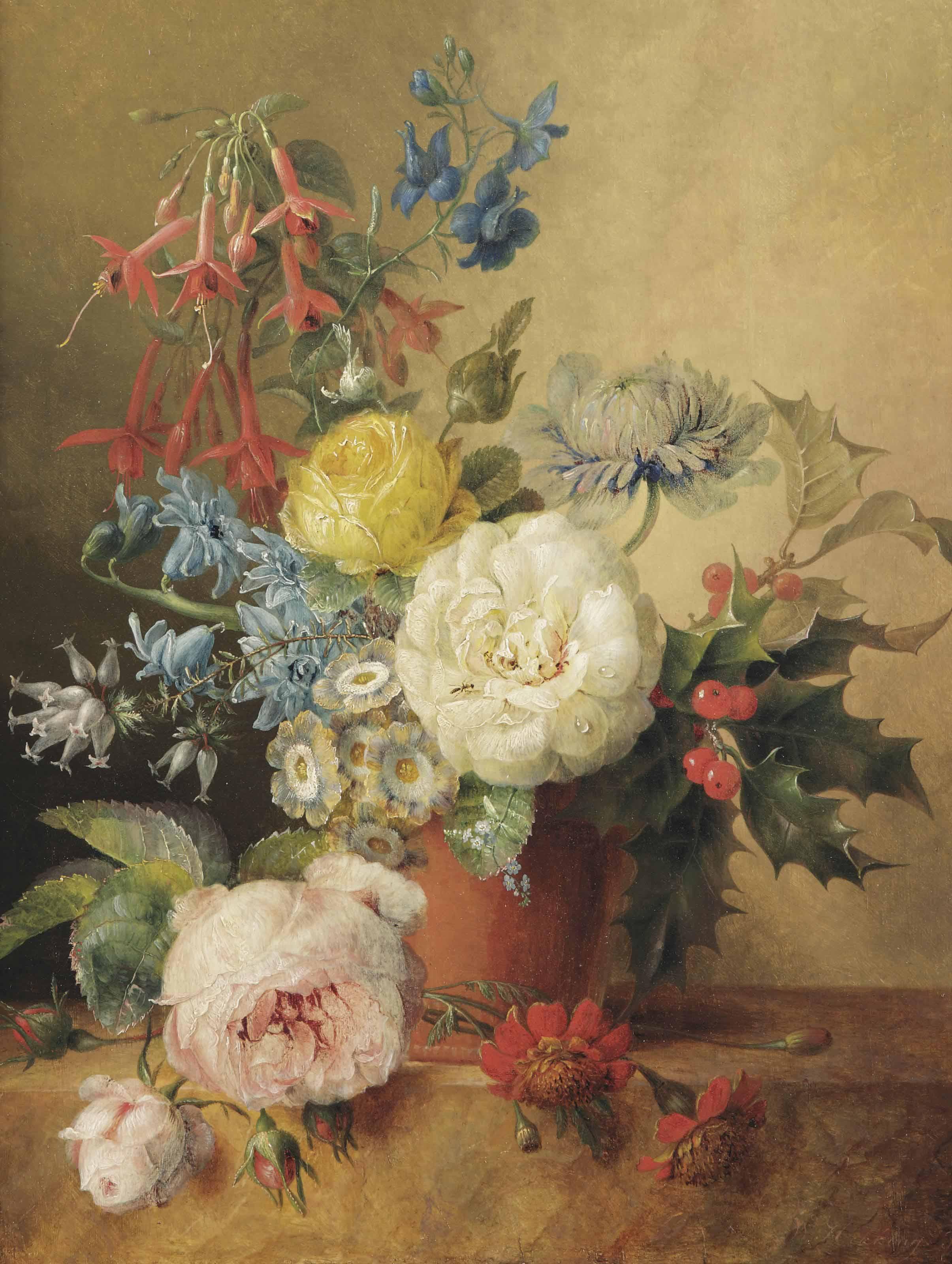 Willem Hekking I - A Fuchsia, Roses, Chrysantheum, Holly And Other Flowers In A Terra Cotta Vase, On A Marble Ledge