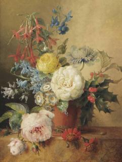 Willem Hekking I - A Fuchsia, Roses, Chrysantheum, Holly And Other Flowers In A Terra Cotta Vase, On A Marble Ledge