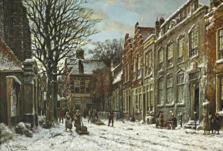 Willem Hendrik Eickelberg - A capriccio view on the Kloksteeg and the Pieterskerk, Leiden