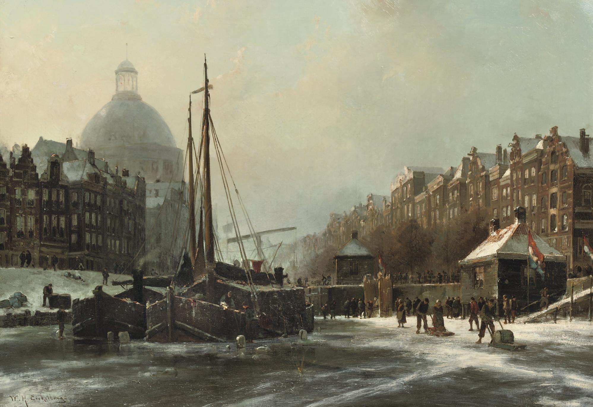 Willem Hendrik Eickelberg - Winterdag: on the frozen Singel, Amsterdam