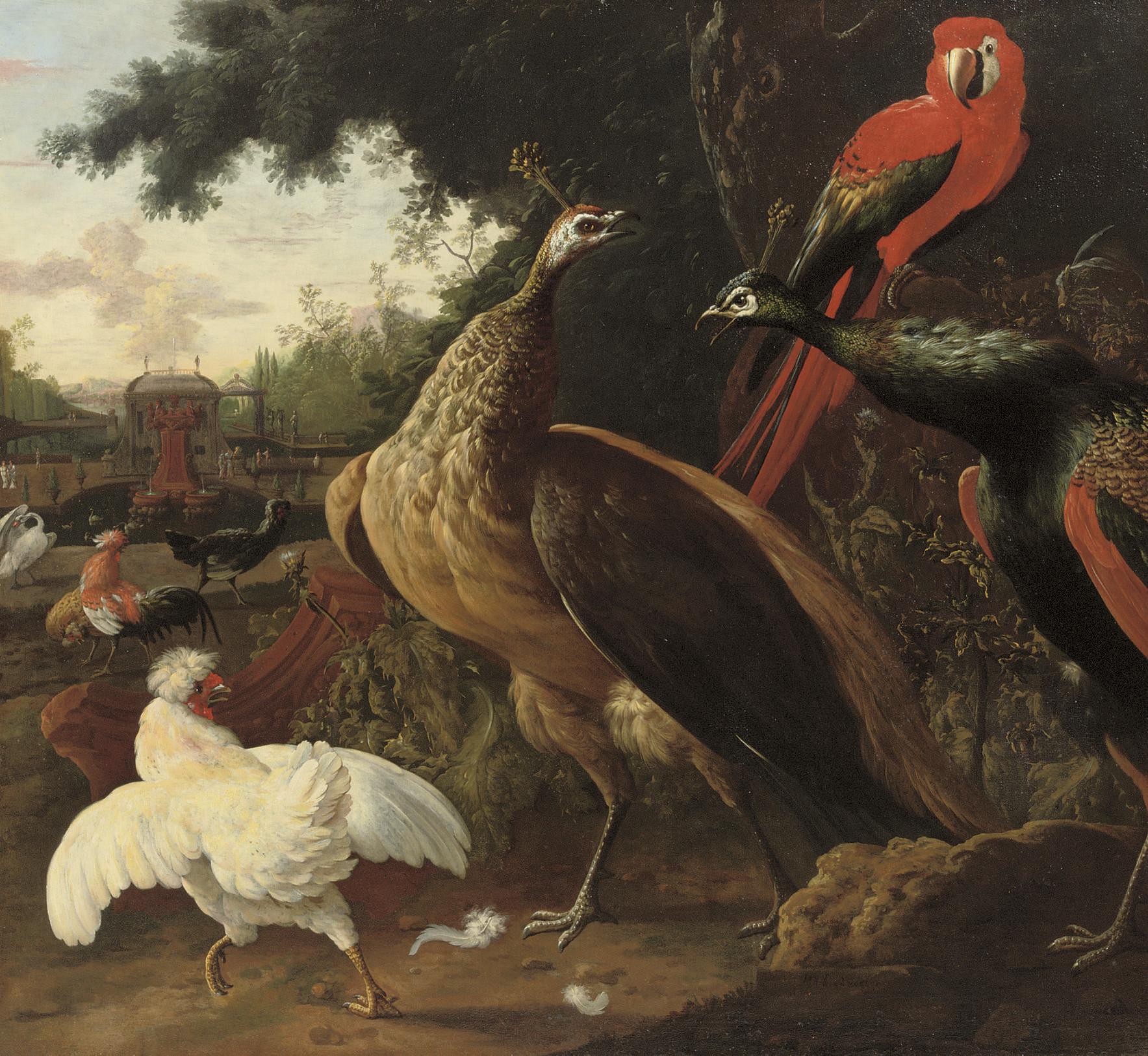 Willem Hendrik Wilhelmus Van Royen - A parrot, peacocks, hens and other birds in a park landscape