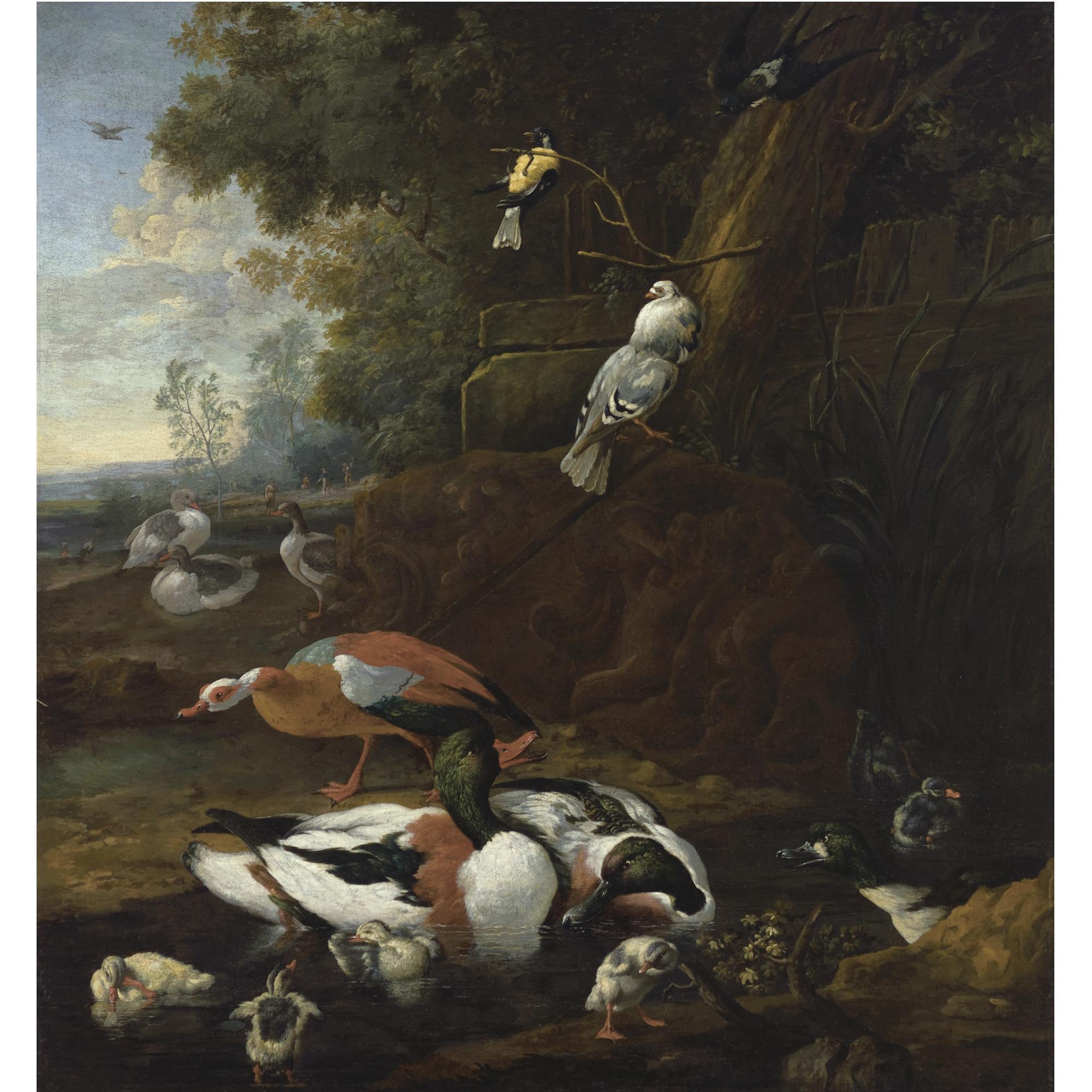 Willem Hendrik Wilhelmus van Royen - Wild Ducks, Geese, Two Doves, A Swallow And A Great Tit In A Landscape