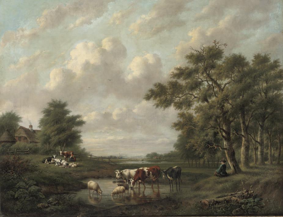 Willem Hendriks - A shepherd and shepherdess with their flock near a pond