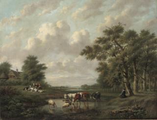 Willem Hendriks - A shepherd and shepherdess with their flock near a pond