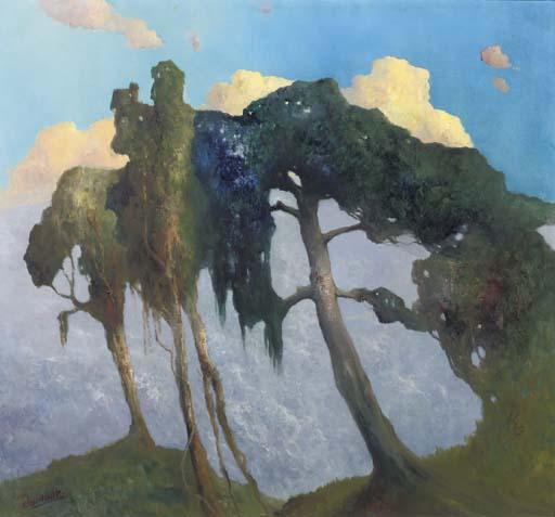 Willem Imandt - A wooded mountainesque landscape with Waringin trees