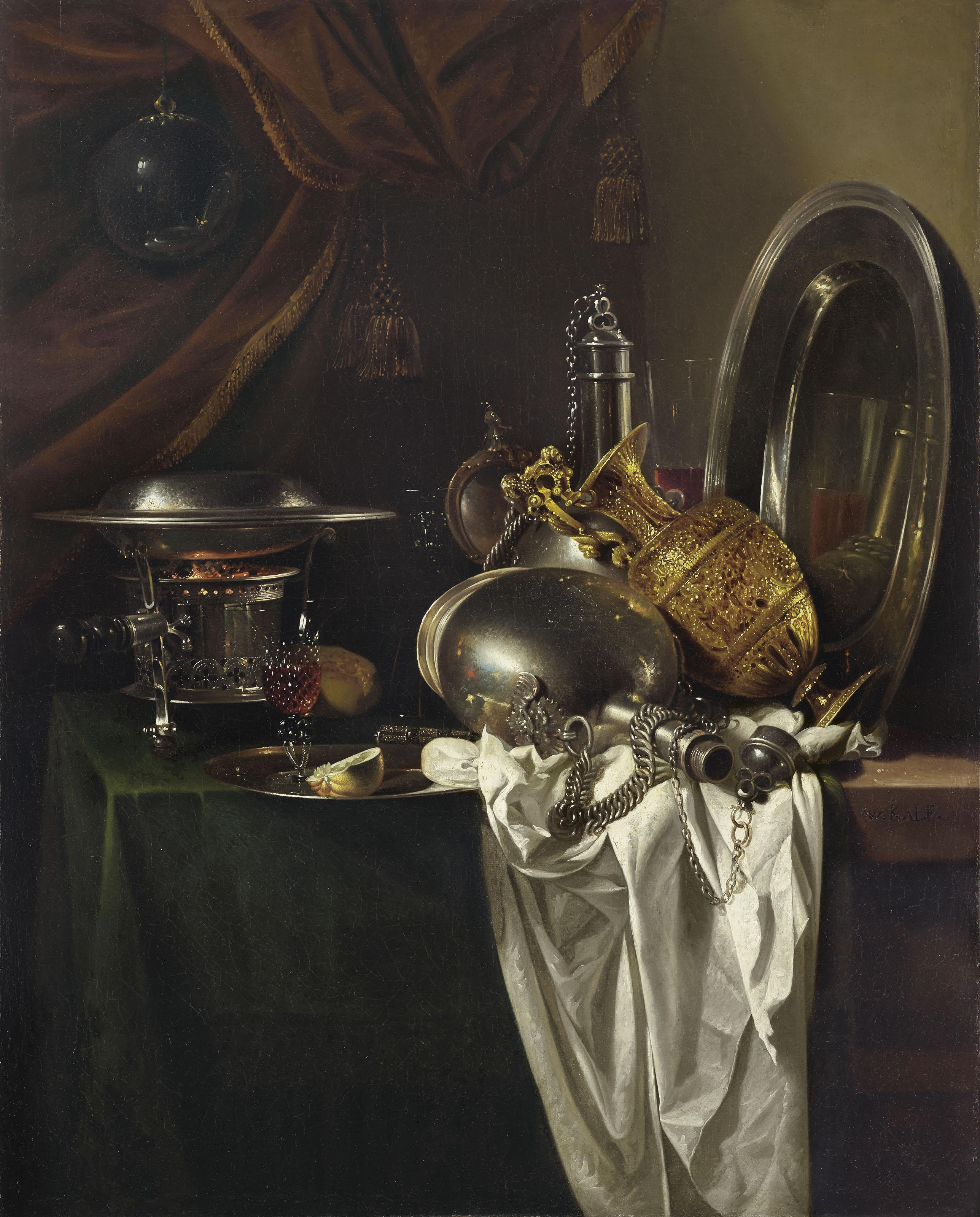 Willem Kalf - A Chafing Dish, Two Pilgrims\' Canteens, A Silver-Gilt Ewer, A Plate And Other Tableware On A Partially Draped Table