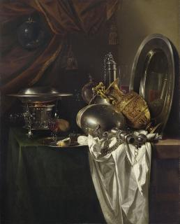 Willem Kalf - A Chafing Dish, Two Pilgrims\' Canteens, A Silver-Gilt Ewer, A Plate And Other Tableware On A Partially Draped Table