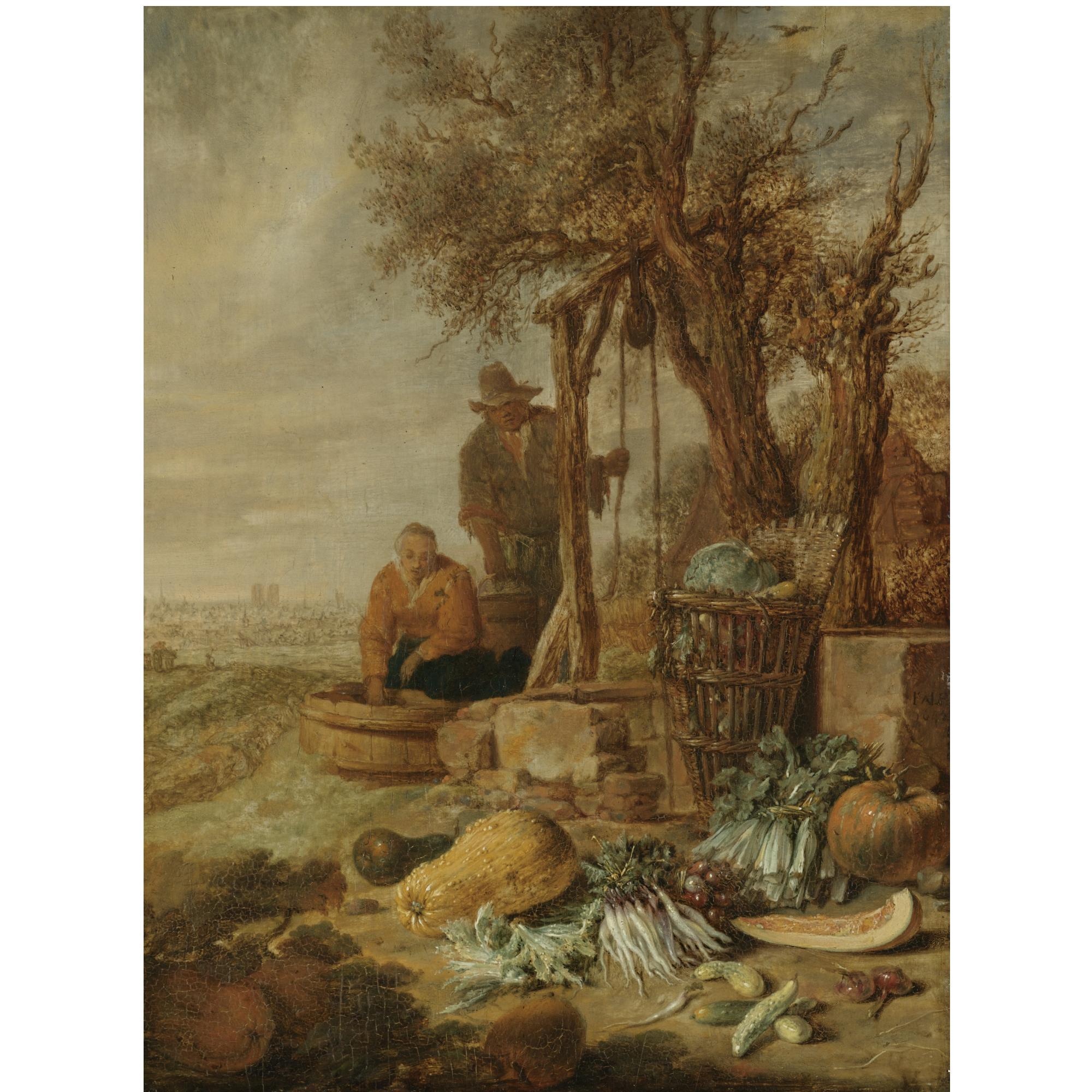 Willem Kalf - A Peasant Couple By A Well With A Distant View Of Paris