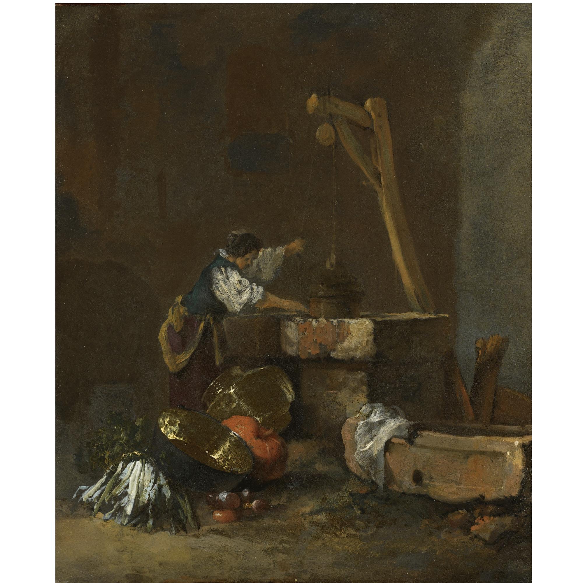 Willem Kalf - A Woman Pulling Water From A Well, A Pile Of Vegetables At Her Feet