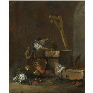 Willem Kalf - A Woman Pulling Water From A Well, A Pile Of Vegetables At Her Feet