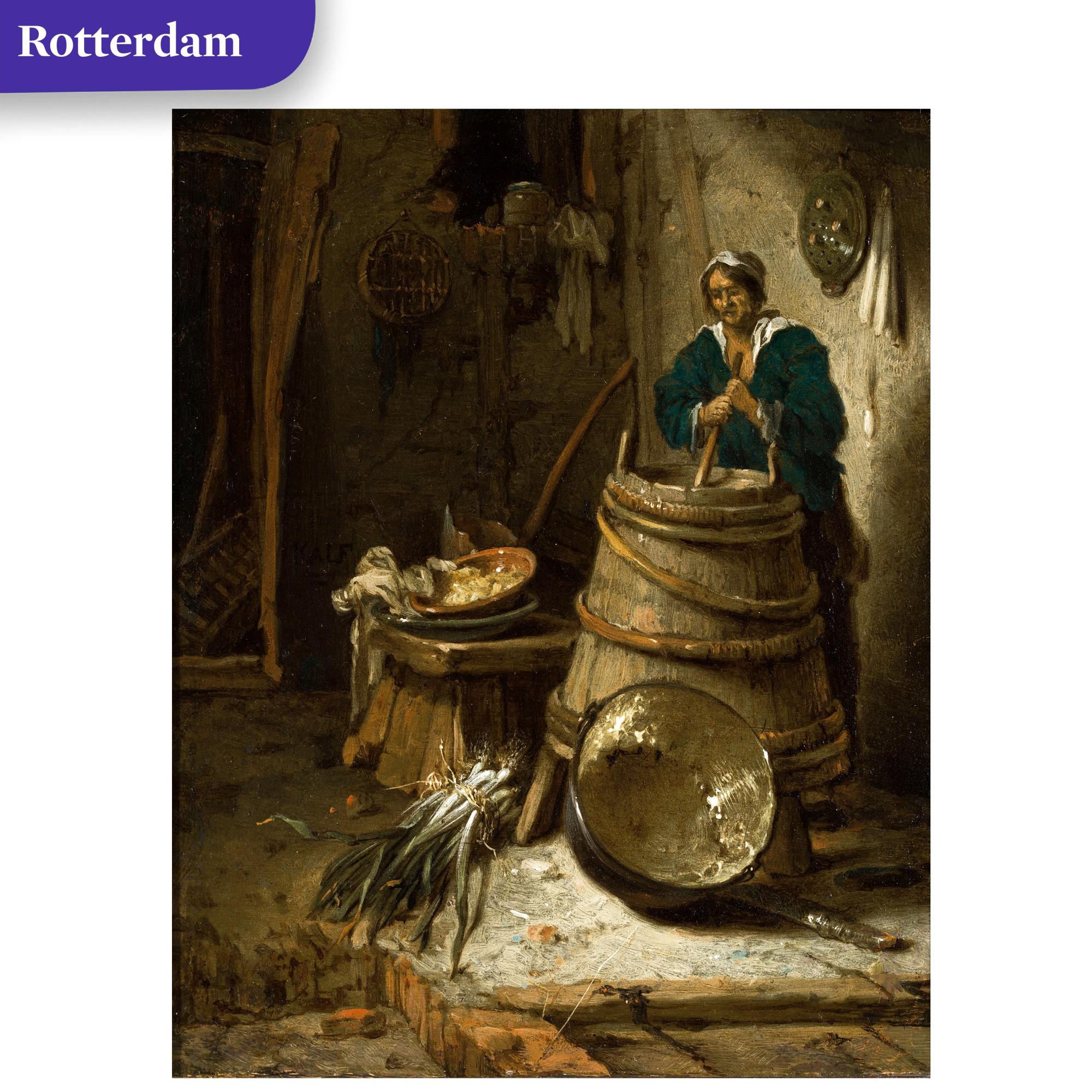 Willem Kalf - Barn interior with a woman churning butter