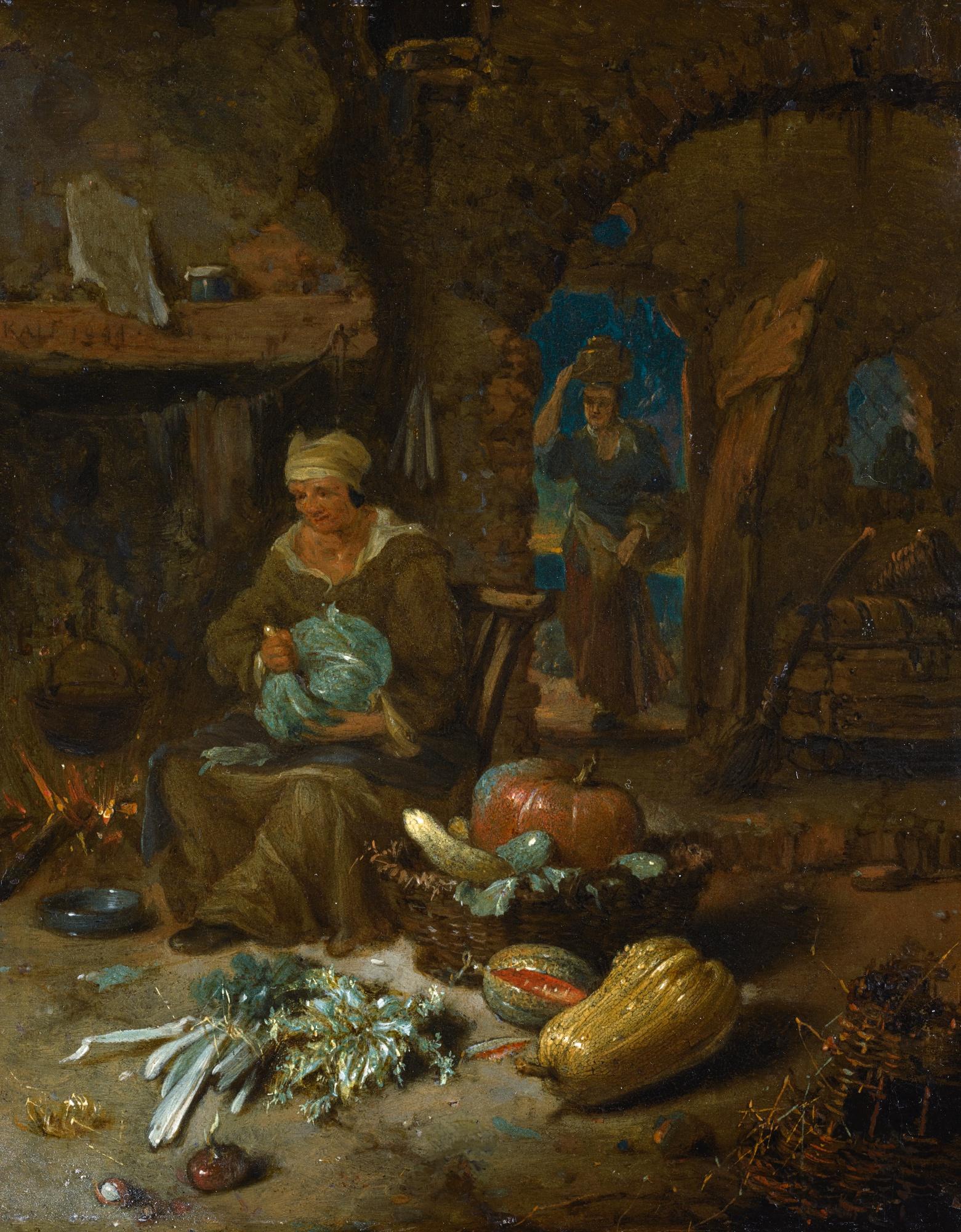 Willem Kalf - Barn Interior With An Old Woman And Still Life Of Vegetables