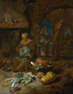 Willem Kalf - Barn Interior With An Old Woman And Still Life Of Vegetables