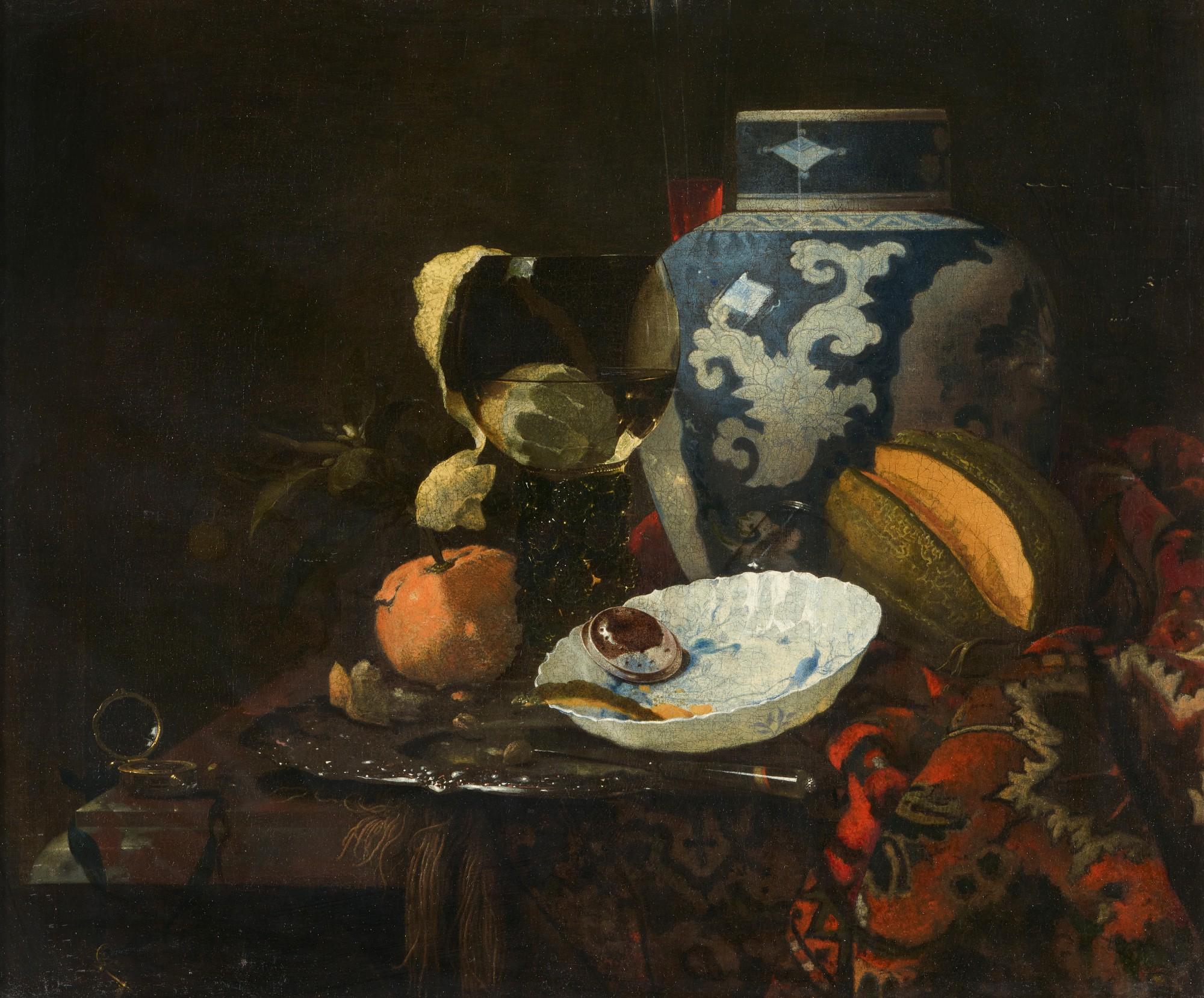 Willem Kalf - Still life with a Chinese ginger jar, a porcelain bowl, a glass roemer and other objects of vertu, with a half-peeled lemon, orange, and melon, all on a marble ledge draped with a Persian carpet