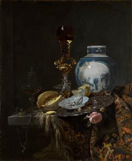 Willem Kalf - Still life with a Chinese ginger jar, silver, objects of vertu, a cut melon, bread, a paper packet in a porcelain bowl, and a pink rose, all on a table draped with a Persian carpet