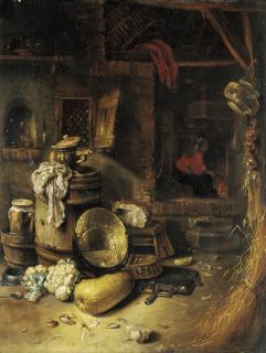 Willem Kalf - The courtyard of a cottage with a peasant by a fire, vegetables, a pot and a barrel in the foreground