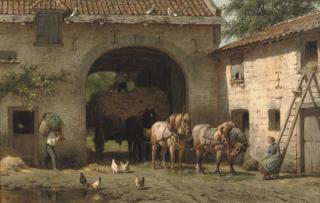Willem Karel Nakken - A Hay-Cart Entering A Courtyard In Summer