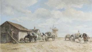 Willem Karel Nakken - Horse-drawn wagons halting by a barn