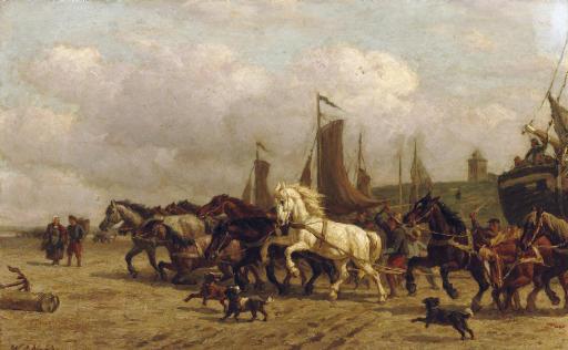Willem Karel Nakken - Horsepower: dragging a \'Bomschuit\' to sea, Scheveningen