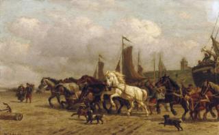 Willem Karel Nakken - Horsepower: dragging a \'Bomschuit\' to sea, Scheveningen
