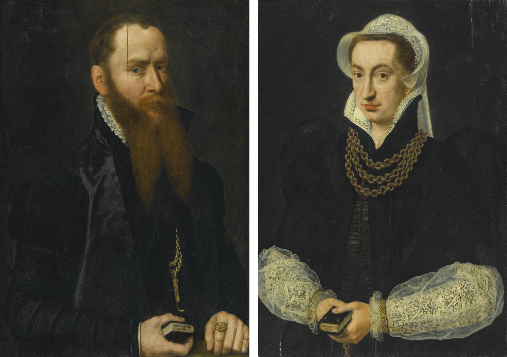 Willem Key - Portrait Of A Bearded Gentleman, Half Length, In A Black Doublet, Holding The Book Of Psalms; Portrait Of A Lady, Half Length In A Black Gown, Holding The Book Of Psalms