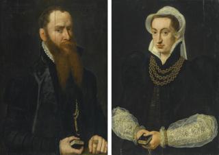 Willem Key - Portrait Of A Bearded Gentleman, Half Length, In A Black Doublet, Holding The Book Of Psalms; Portrait Of A Lady, Half Length In A Black Gown, Holding The Book Of Psalms
