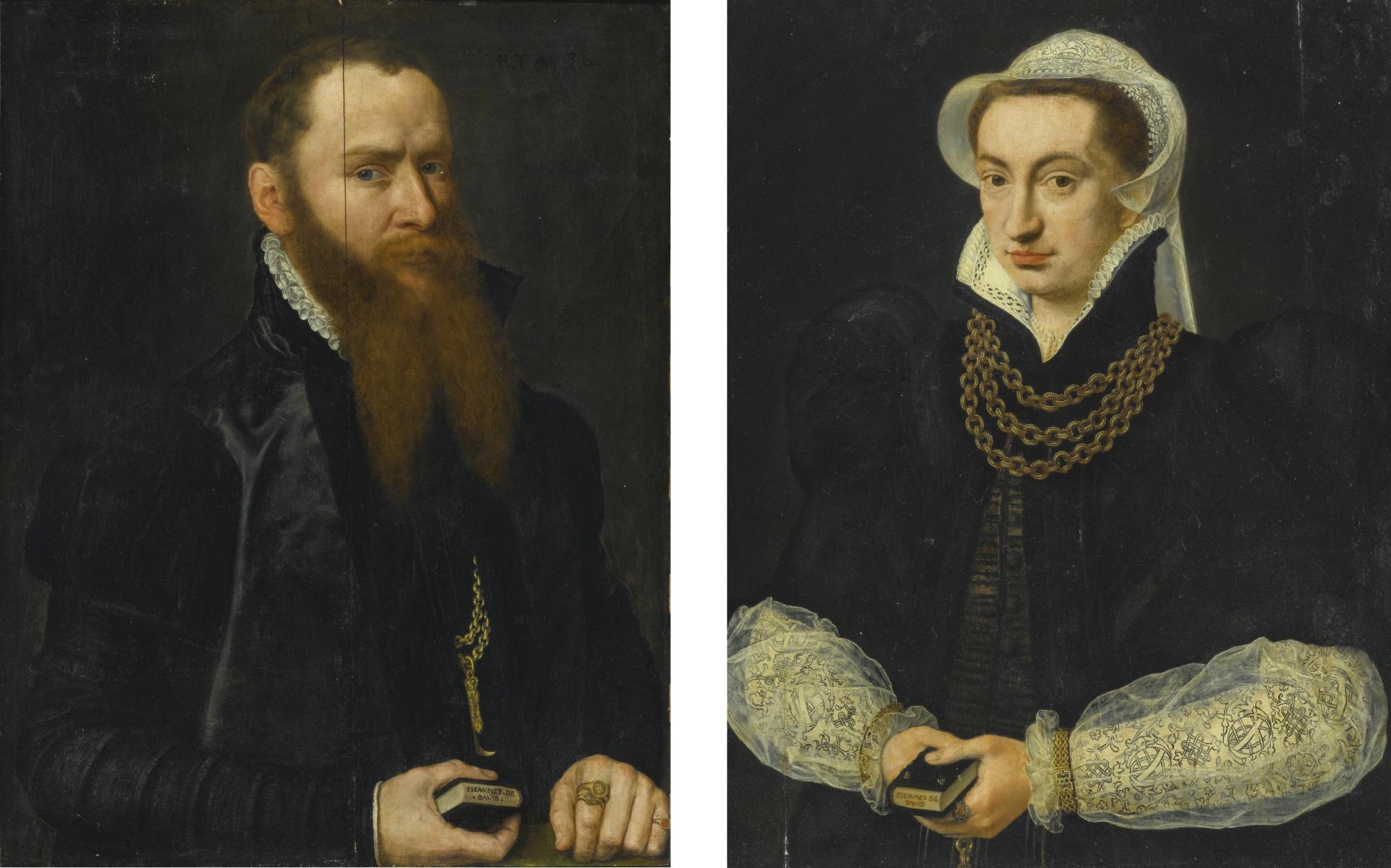 Willem Key - Portrait Of A Bearded Gentleman, Half Length, In A Black Doublet, Holding The Book Of Psalms; Portrait Of A Lady, Half Length In A Black Gown, Holding The Book Of Psalms