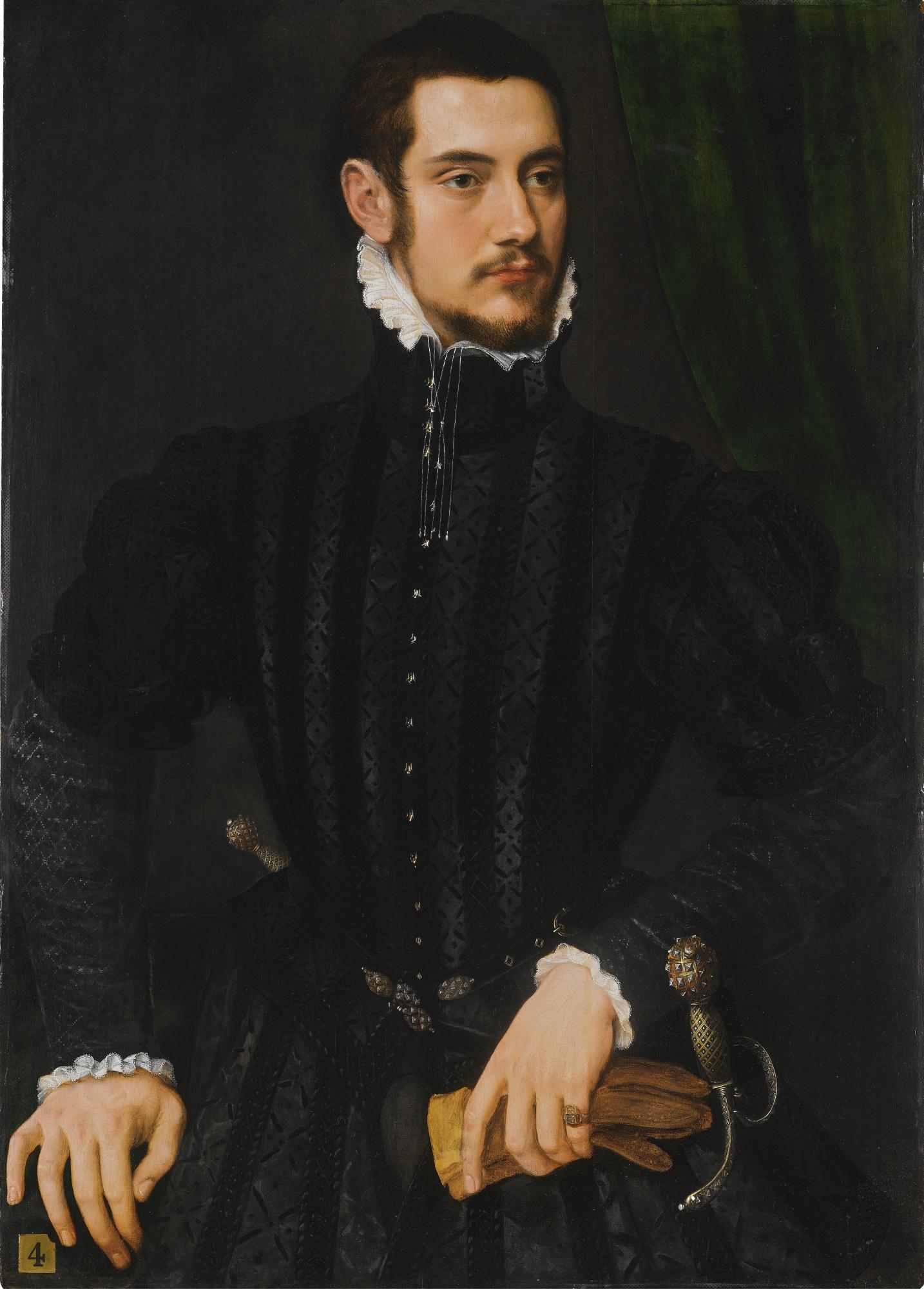 Willem Key - Portrait Of A Gentleman, Said To Be \'Perari Di Cremona\', Half-Length, Wearing A High-Collared Black Coat With White Cuffs And Collar, Holding A Pair Of Gloves, Standing Before A Green Curtain