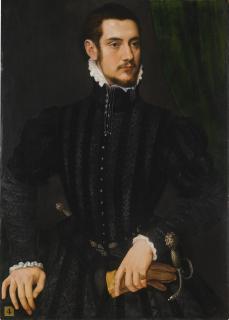 Willem Key - Portrait Of A Gentleman, Said To Be \'Perari Di Cremona\', Half-Length, Wearing A High-Collared Black Coat With White Cuffs And Collar, Holding A Pair Of Gloves, Standing Before A Green Curtain