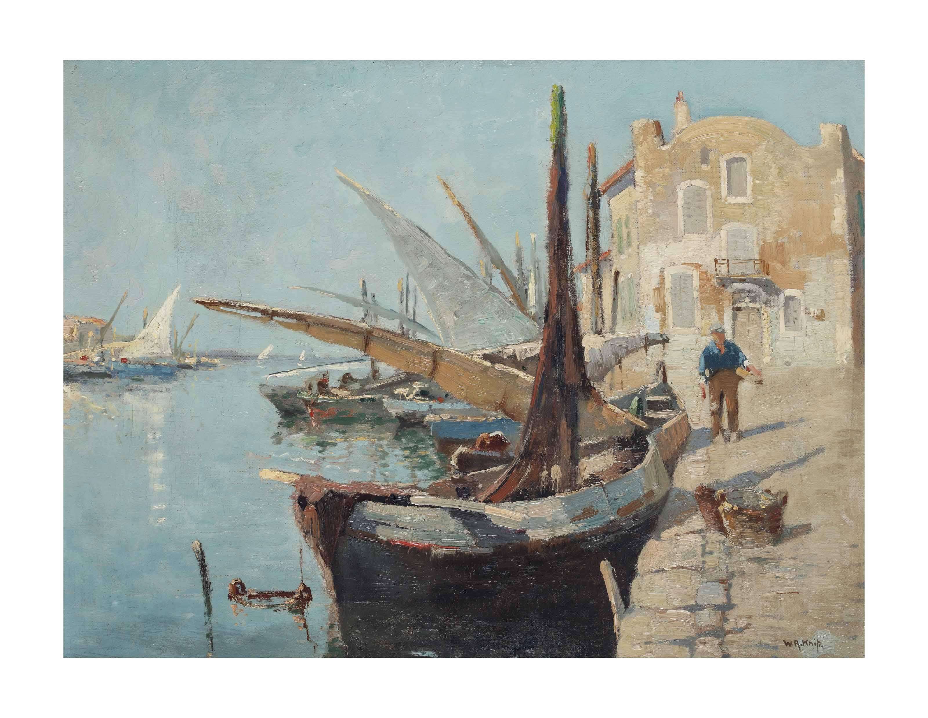 Willem Knip - Fishermen on a sunlit quay on the Côte d\'Azur