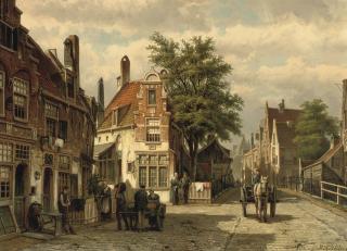 Willem Koekkoek - A busy street in summer, Enkhuizen