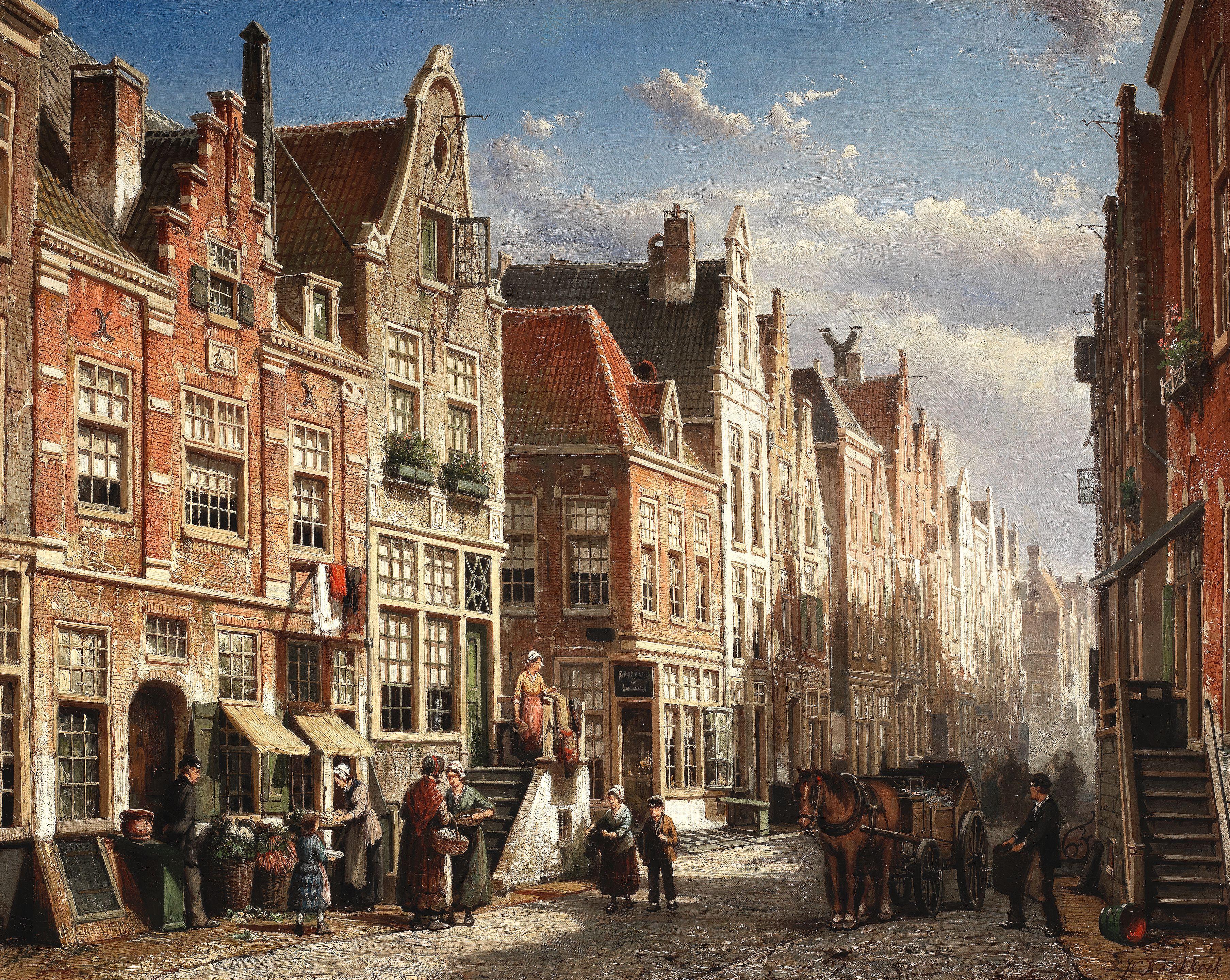 Willem Koekkoek - A busy street scene