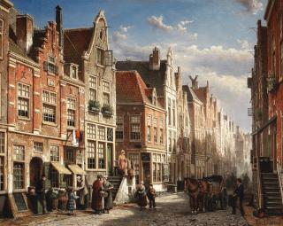 Willem Koekkoek - A busy street scene