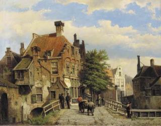 Willem Koekkoek - A street scene in a Dutch town