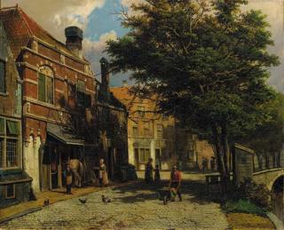 Willem Koekkoek - A street scene in a Dutch town