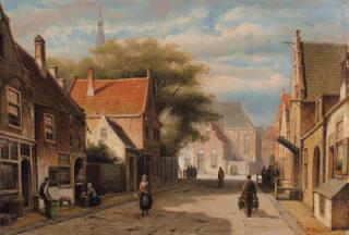 Willem Koekkoek - A street scene in a Dutch town