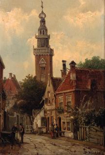 Willem Koekkoek - A view in a city with villagers conversing in a street