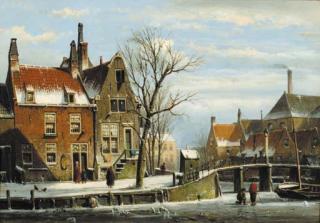 Willem Koekkoek - A view in a town with houses along a frozen canal, with townsfolk by a bridge
