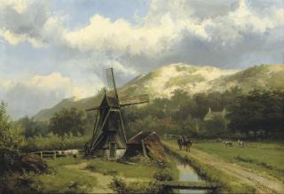 Willem Koekkoek - A windmill in a dune landscape